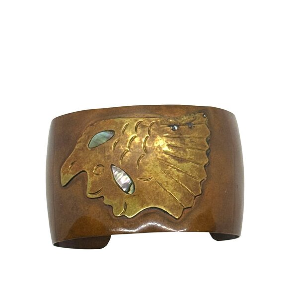 Vintage Mexican Copper Brass Cuff Bracelet Eagle Design Abalone Inlay Boho - Picture 1 of 6